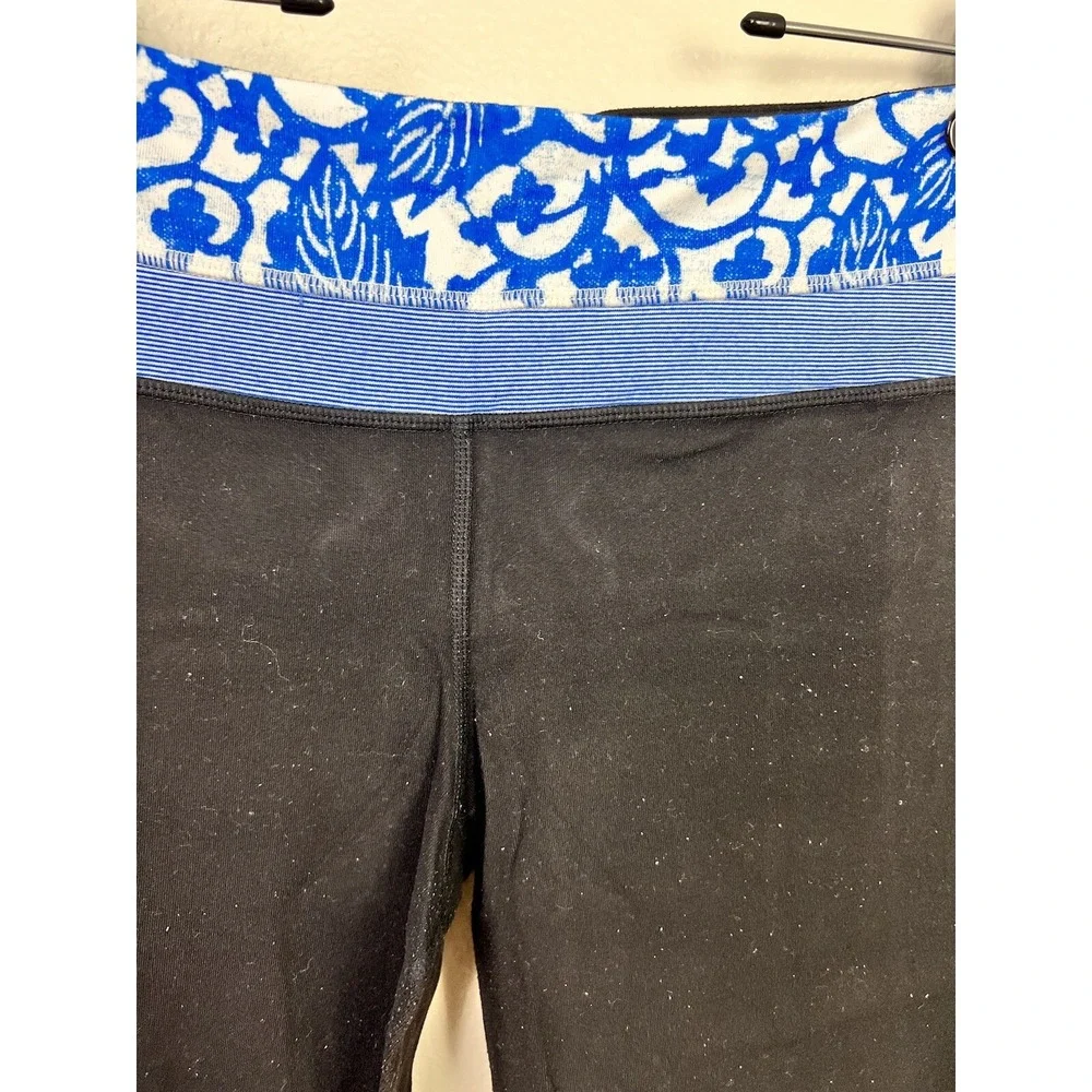 Lululemon Wide Leg Pant Size 8R‎ Black W/ Blue Print Waist Band Legging Flare